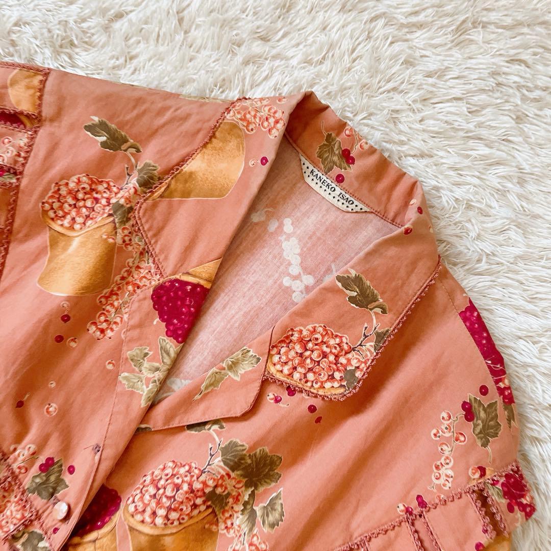 カネコイサオ ヴィンテージ 花柄 総柄 フルーツ ロングワンピ サーモンピンク