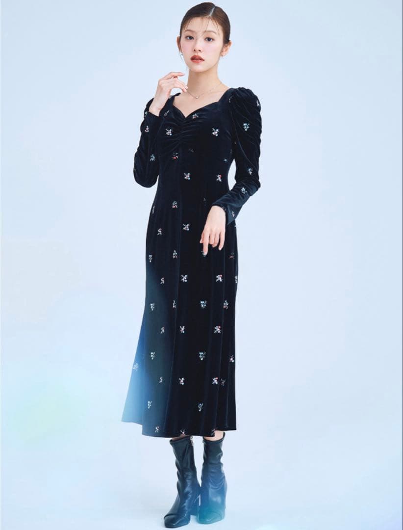 CELFORD 花柄刺繍ベロアワンピース BLK 38(M)