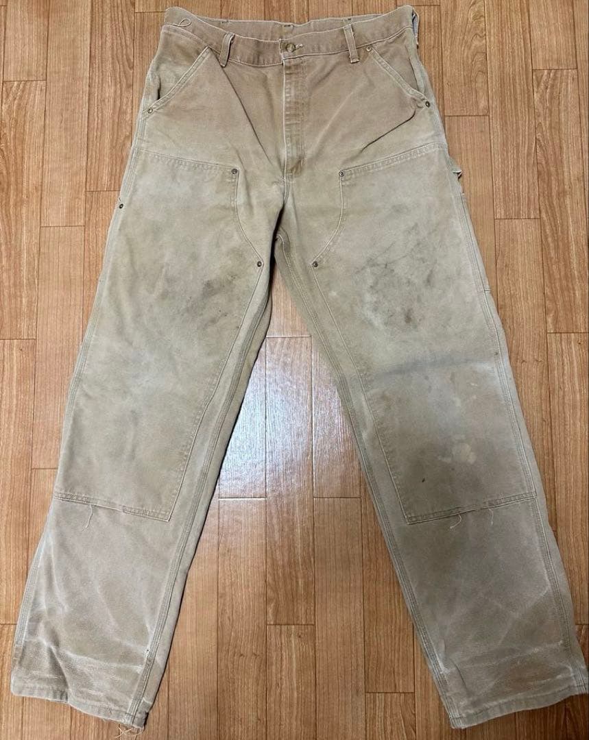 90s USA製 星タグ カーハート ダブルニー W36 フェード ブラウン