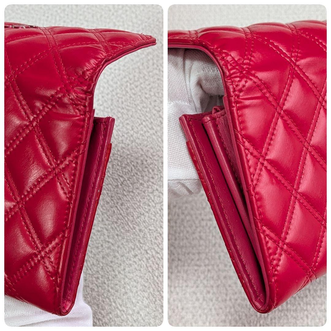 シャネル　赤　ミニ財布　マトラッセ　ラムスキン　チェーンウォレット　ケース