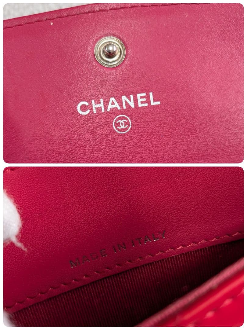 シャネル　赤　ミニ財布　マトラッセ　ラムスキン　チェーンウォレット　ケース