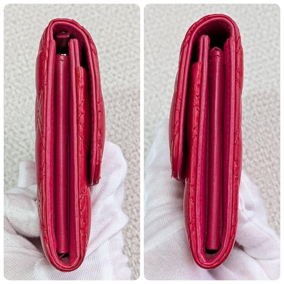 シャネル　赤　ミニ財布　マトラッセ　ラムスキン　チェーンウォレット　ケース