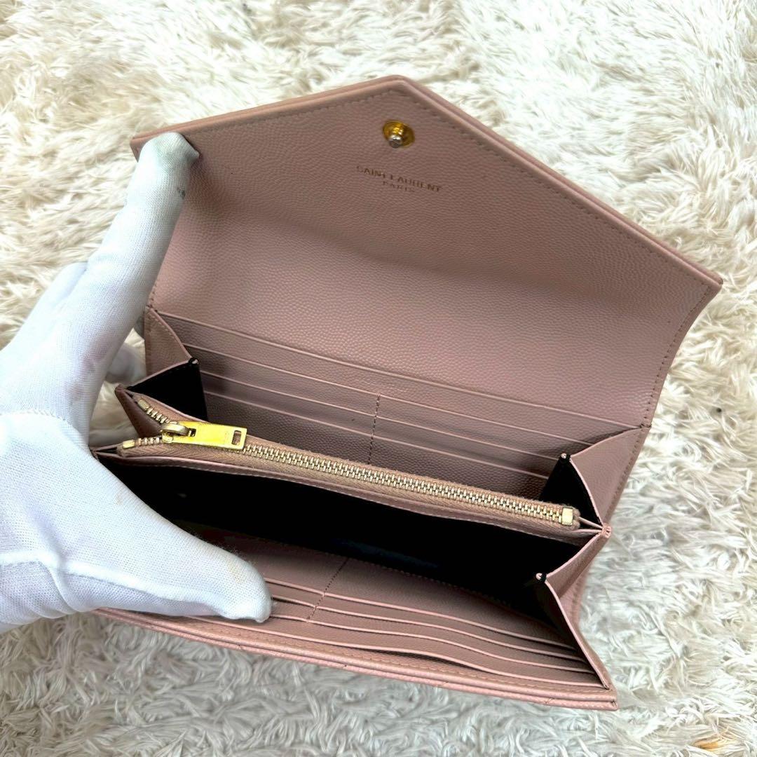 【美品】サンローラン 長財布 フラップ ピンクベージュ Vステッチ YSL