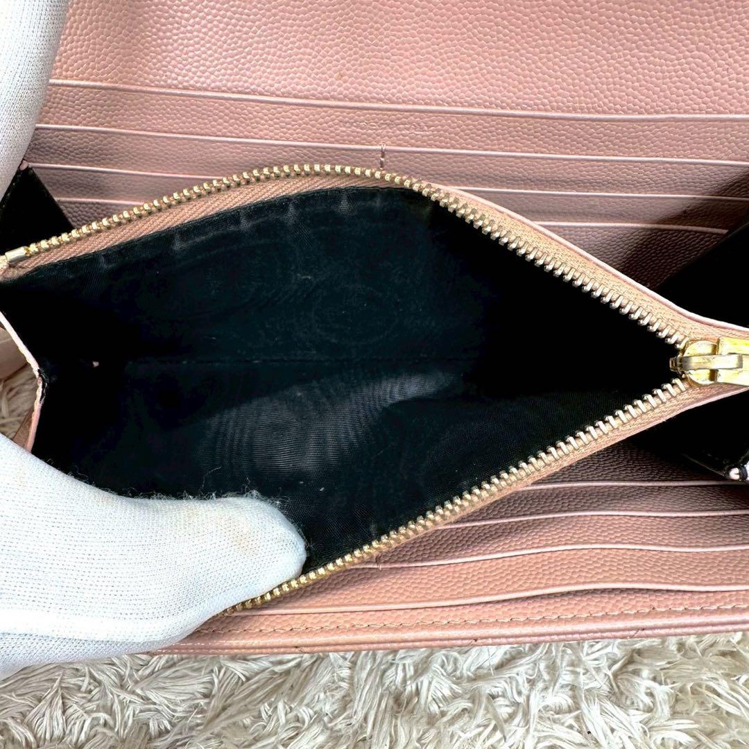 【美品】サンローラン 長財布 フラップ ピンクベージュ Vステッチ YSL