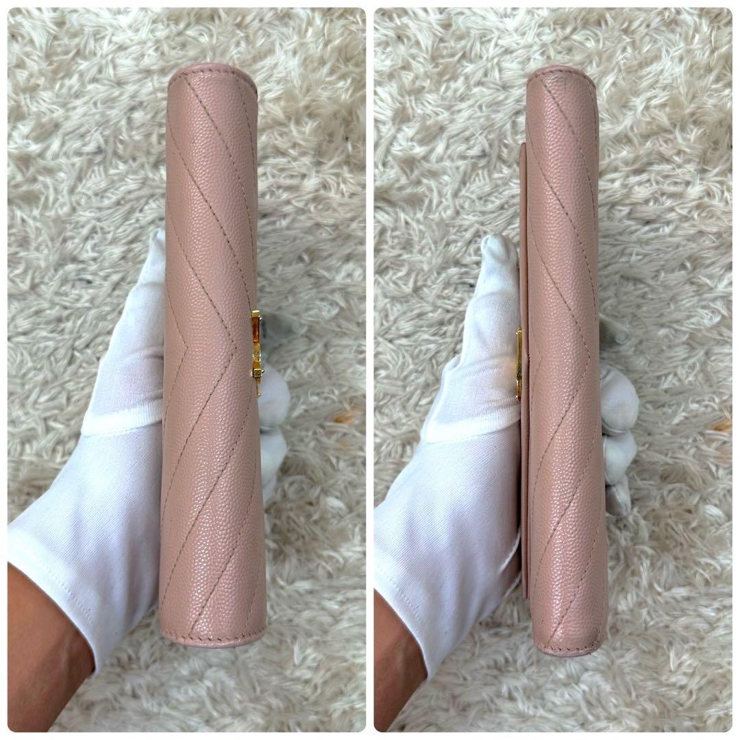 【美品】サンローラン 長財布 フラップ ピンクベージュ Vステッチ YSL