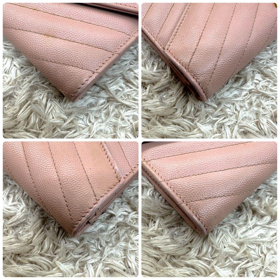 【美品】サンローラン 長財布 フラップ ピンクベージュ Vステッチ YSL