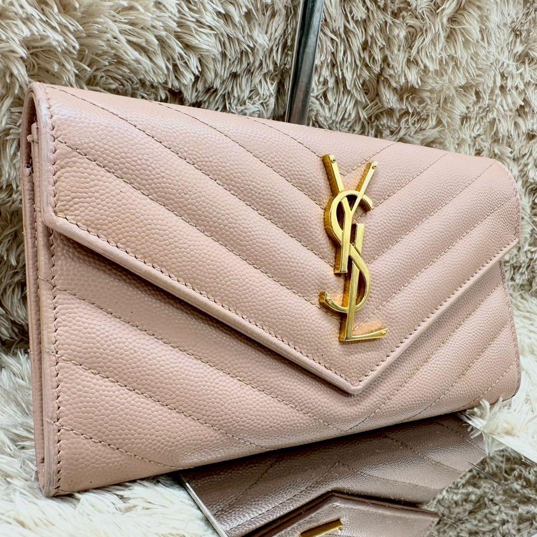 【美品】サンローラン 長財布 フラップ ピンクベージュ Vステッチ YSL
