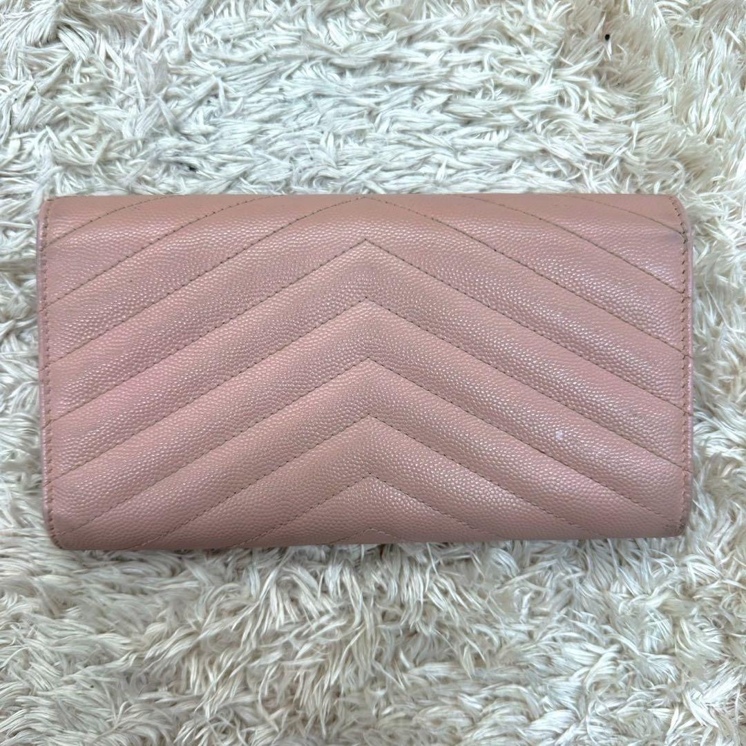 【美品】サンローラン 長財布 フラップ ピンクベージュ Vステッチ YSL
