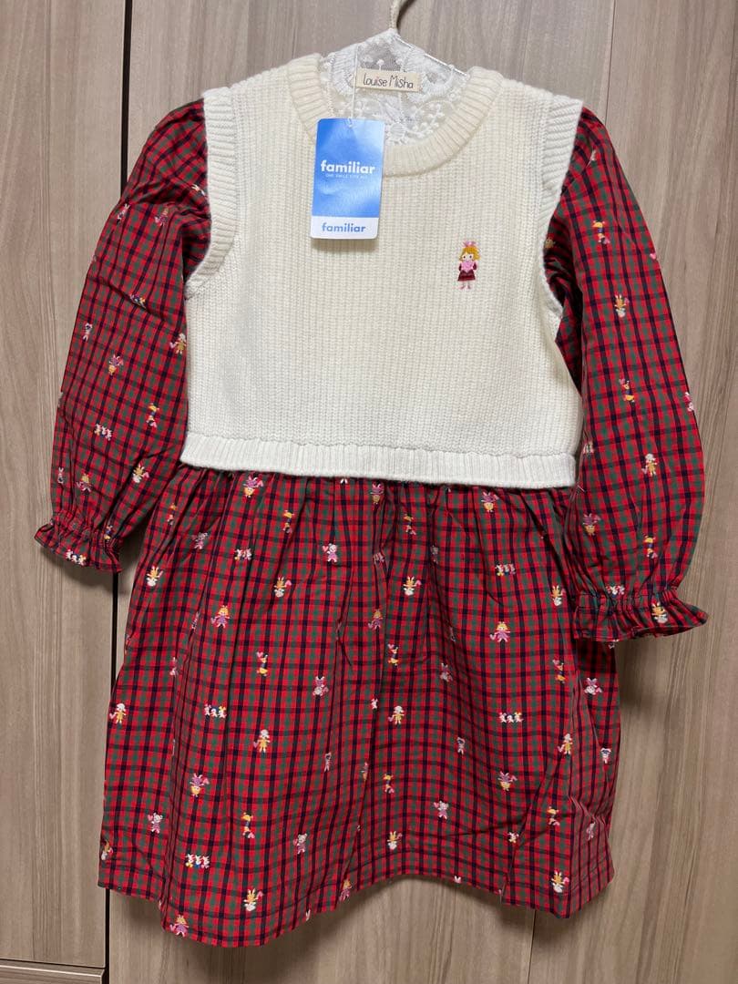 【試着のみ】familiar ファミリア チェック ベスト風 ワンピース 110