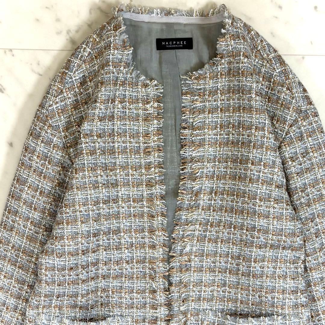 美品 マカフィー トゥモローランド 金子綾 ノーカラーツイードジャケット 大きめ