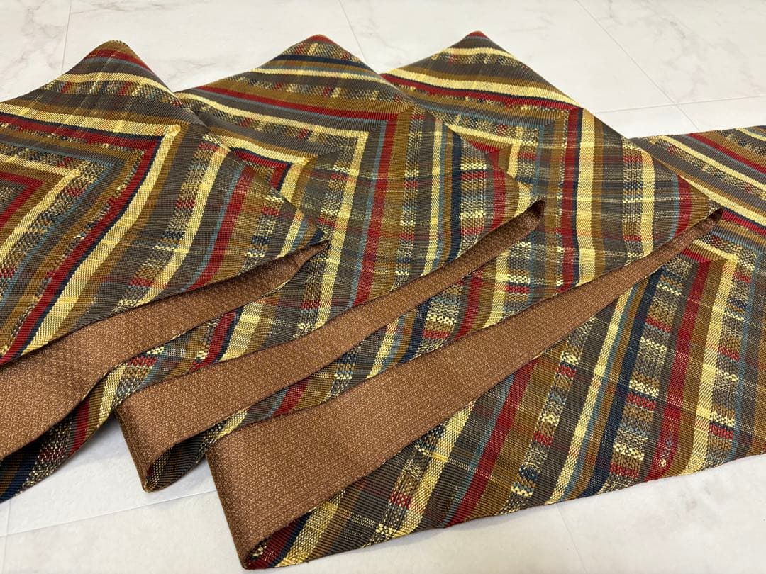 袋帯 全通 組織 西陣 ひなや 変わり間道 金糸 チェック柄 逸品