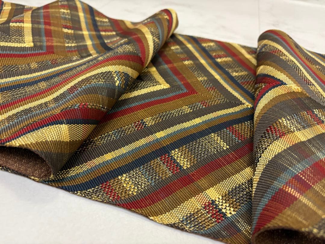 袋帯 全通 組織 西陣 ひなや 変わり間道 金糸 チェック柄 逸品