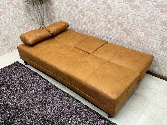 ソファーベッド　キャメル　小テーブル付き　レザーファブリック　ソファ　新品