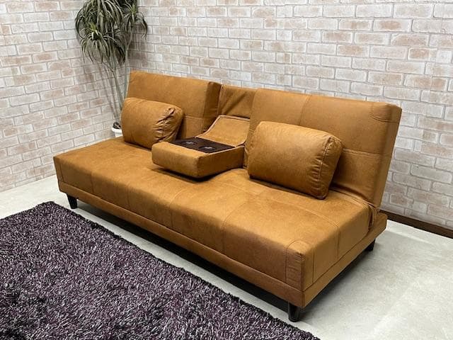 ソファーベッド　キャメル　小テーブル付き　レザーファブリック　ソファ　新品