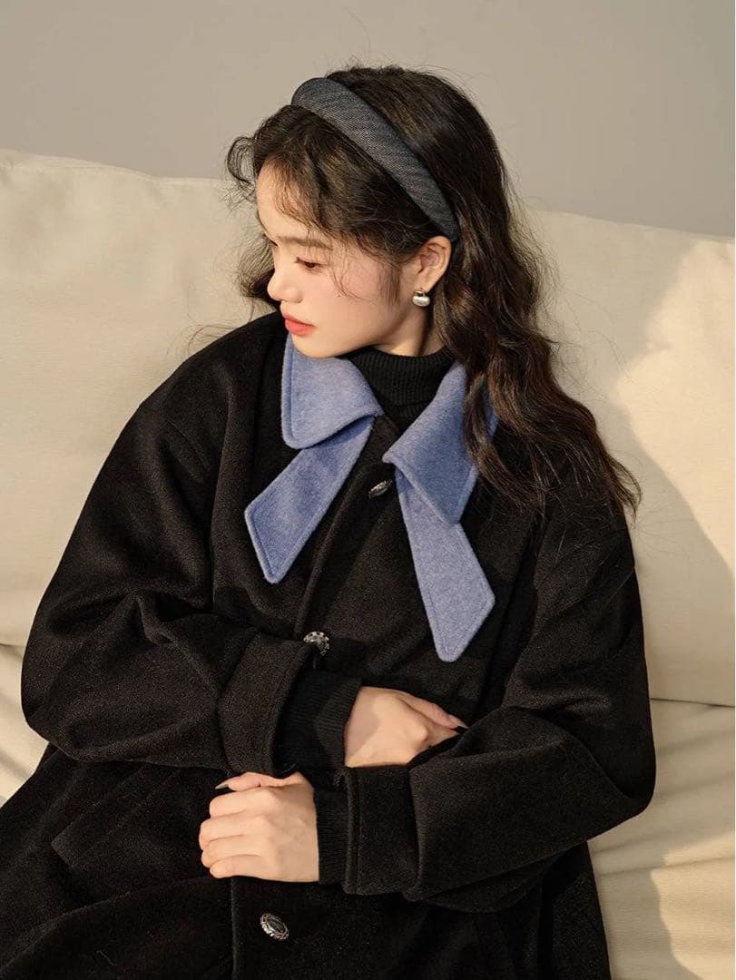 kuose ボウカラーコート　リボンカラーコート　配色　バイカラー　水色　黒