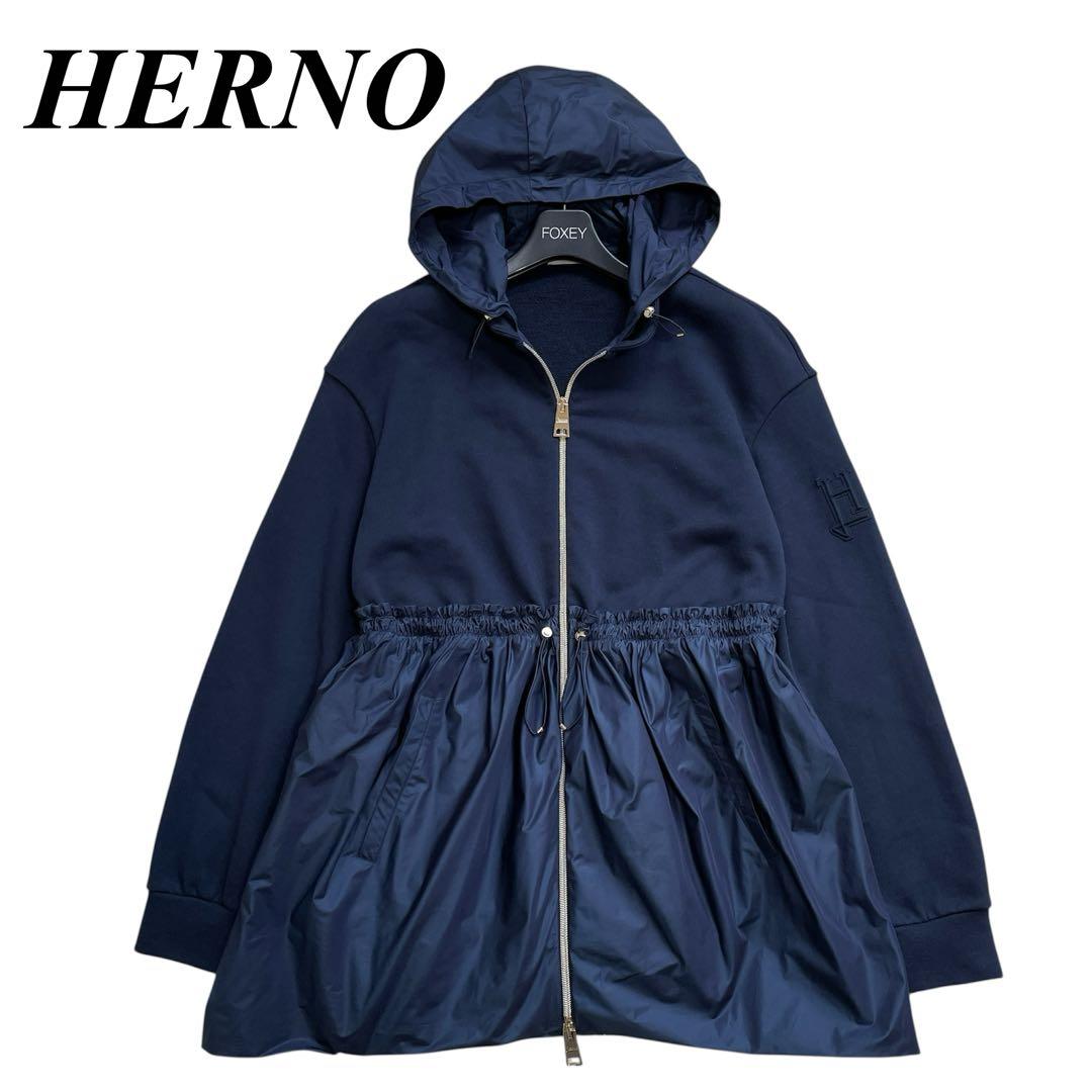 未使用級✨現行デザイン✨HERNO フーデットコート　異素材コンビ　ネイビー