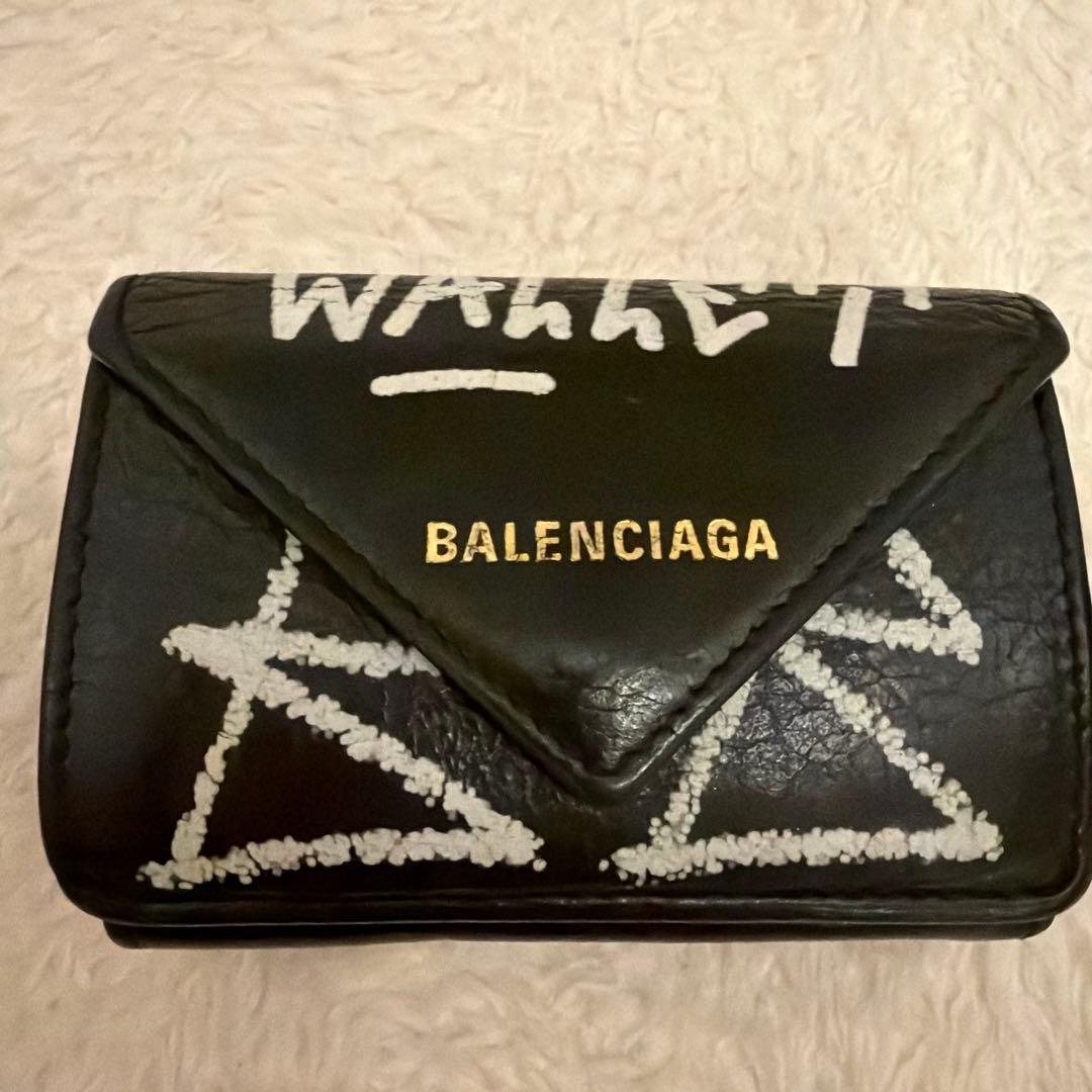 バレンシアガ ペーパーミニウォレット /グラフィティ 三つ折り財布 レザー 黒