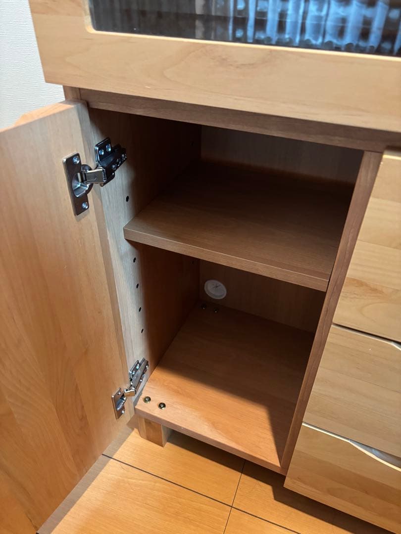 木製チェスト 3段 スライドドア ガラス窓付き