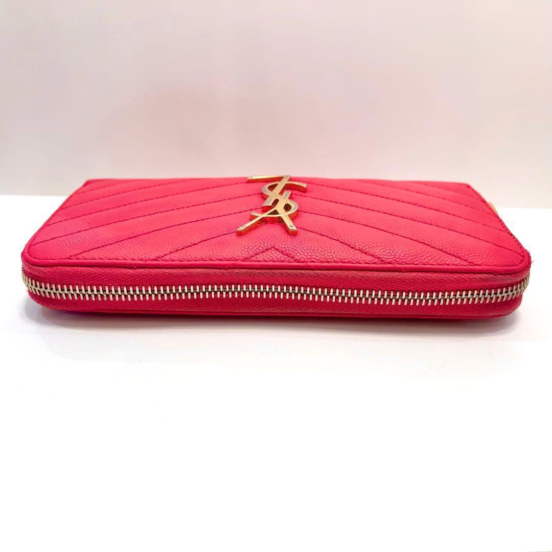 サンローラン 長財布 カサンドラ ラウンドファスナー キャビアスキン ピンク