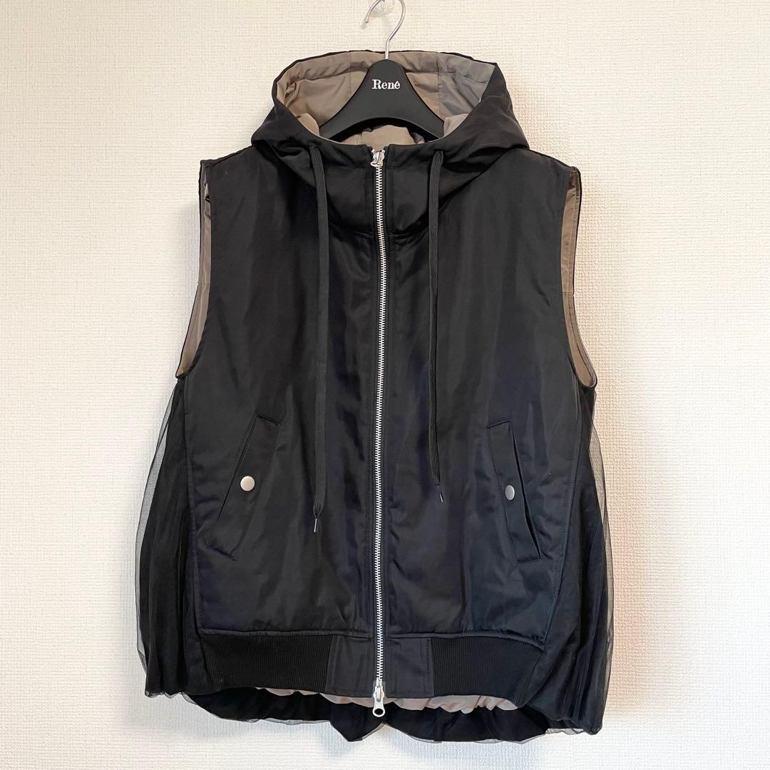 【新品】モニーレ タフタ チュール パーカー 中綿ベスト ダブルジップ ブラック