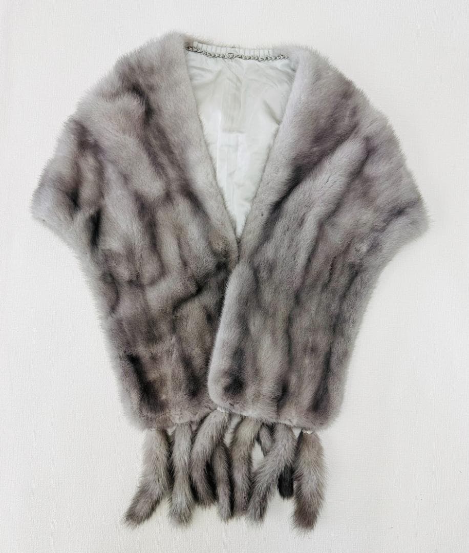 【極美品】ミンク リアルファーショール フリンジ付き 約180cm グレー
