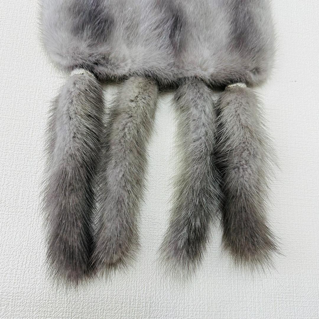 【極美品】ミンク リアルファーショール フリンジ付き 約180cm グレー