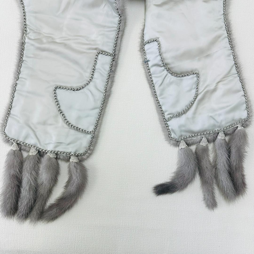 【極美品】ミンク リアルファーショール フリンジ付き 約180cm グレー