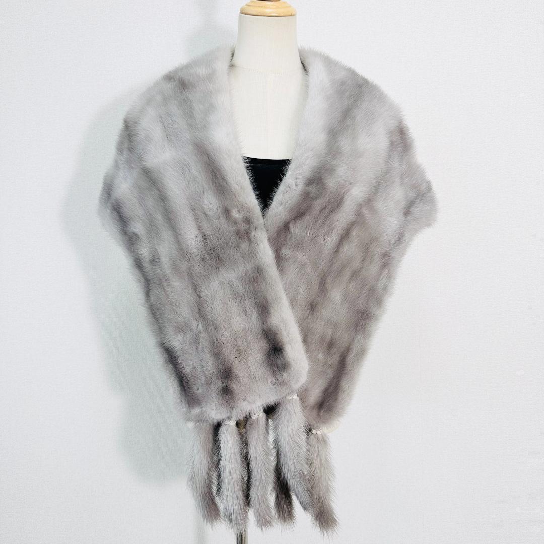 【極美品】ミンク リアルファーショール フリンジ付き 約180cm グレー