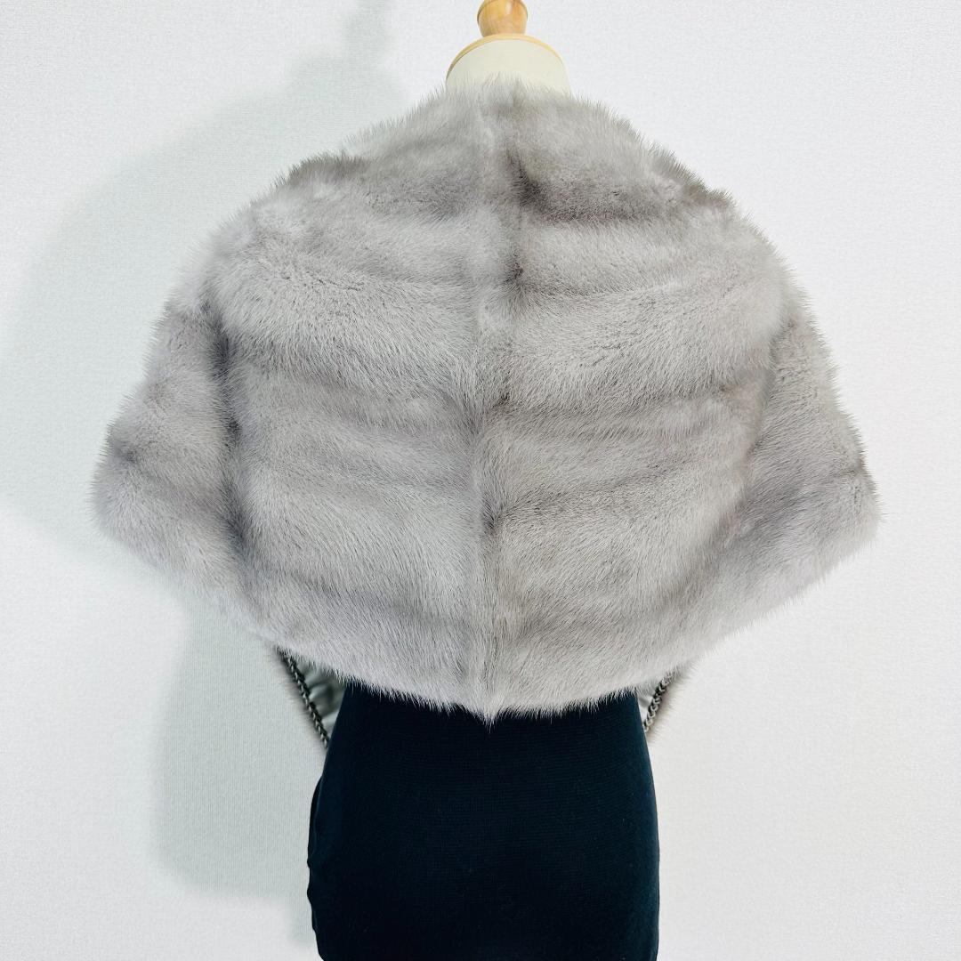 【極美品】ミンク リアルファーショール フリンジ付き 約180cm グレー