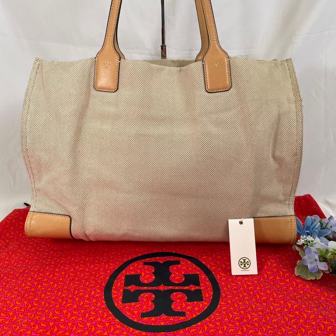 【美品】トリーバーチ エラ トートバッグ レザー×キャンバス ベージュ A4可