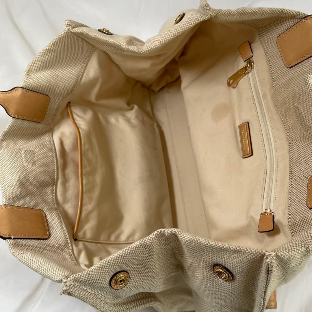 【美品】トリーバーチ エラ トートバッグ レザー×キャンバス ベージュ A4可