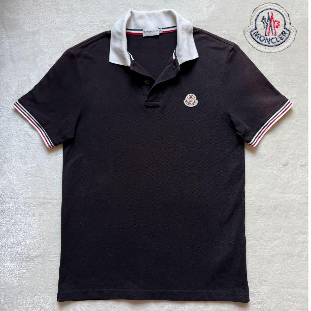 MONCLER モンクレール 半袖 ポロシャツ ロゴワッペン 鹿子 黒 衿白 S
