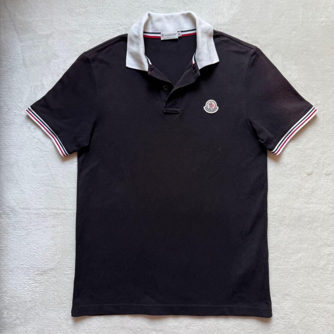MONCLER モンクレール 半袖 ポロシャツ ロゴワッペン 鹿子 黒 衿白 S