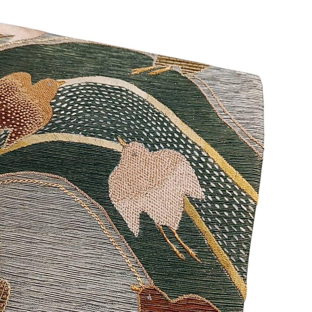 着*子様 華 袋帯 お太鼓柄 千鳥 汕頭刺繍 山 鳥 グレー