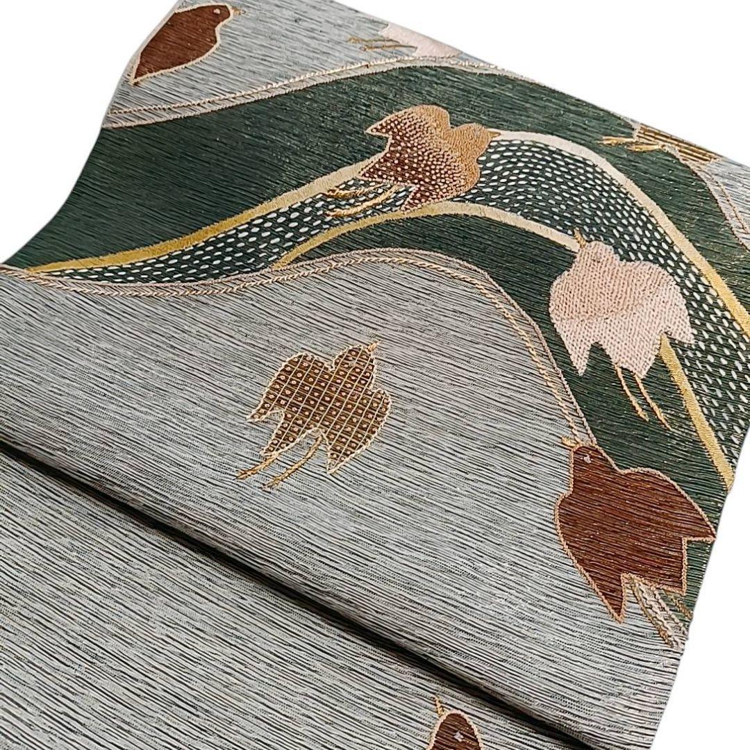 着*子様 華 袋帯 お太鼓柄 千鳥 汕頭刺繍 山 鳥 グレー