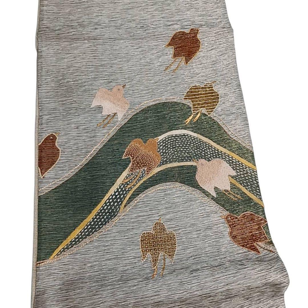 着*子様 華 袋帯 お太鼓柄 千鳥 汕頭刺繍 山 鳥 グレー