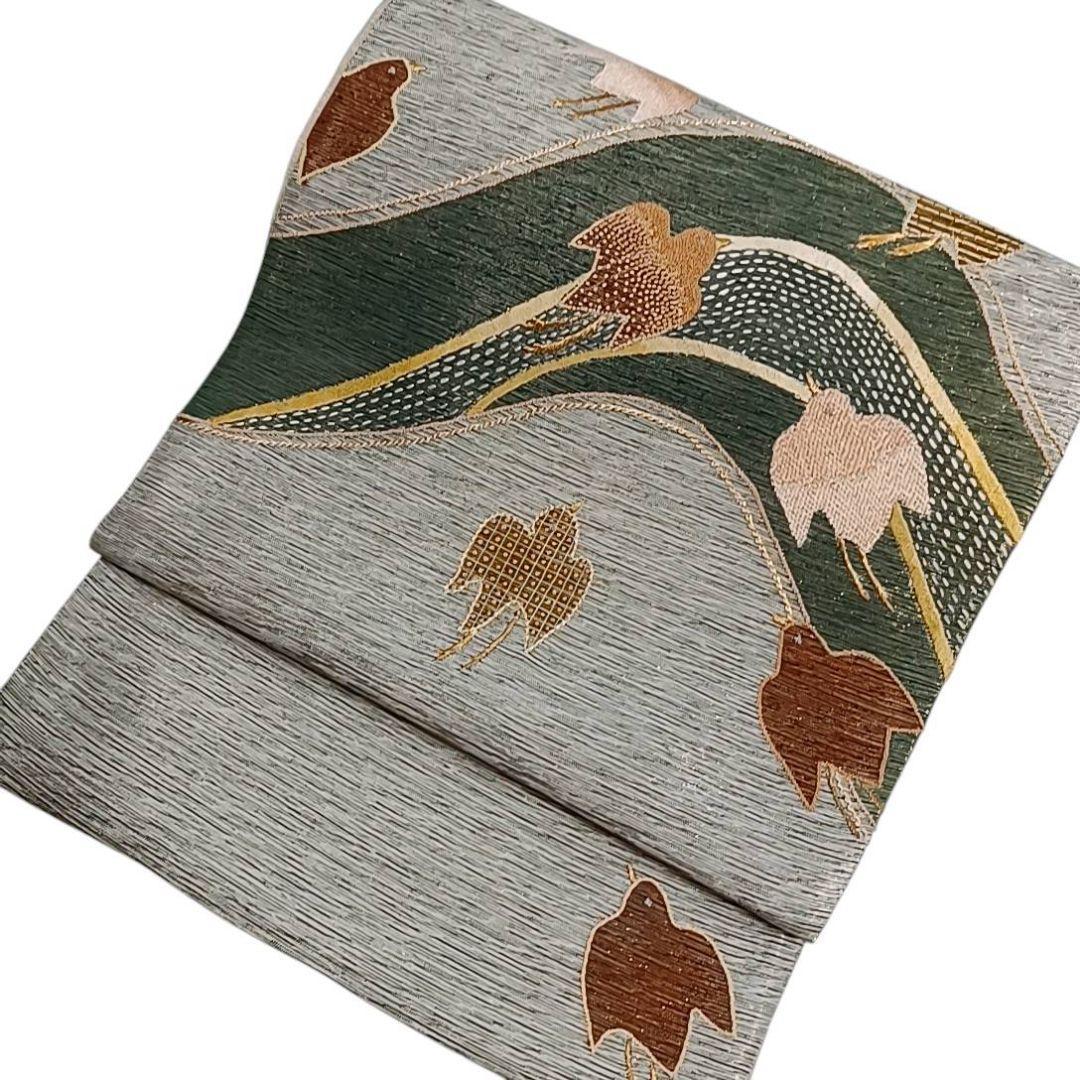 着*子様 華 袋帯 お太鼓柄 千鳥 汕頭刺繍 山 鳥 グレー