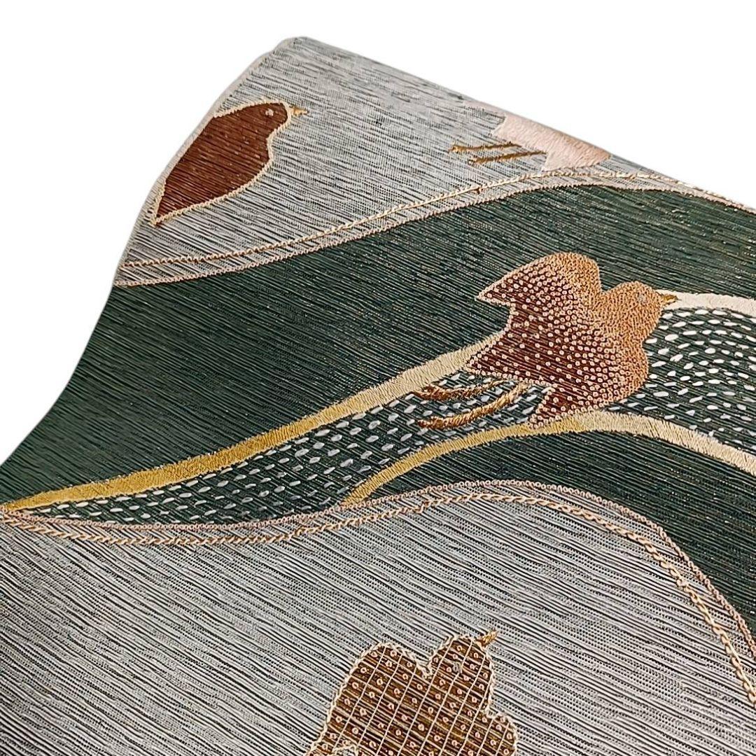 着*子様 華 袋帯 お太鼓柄 千鳥 汕頭刺繍 山 鳥 グレー