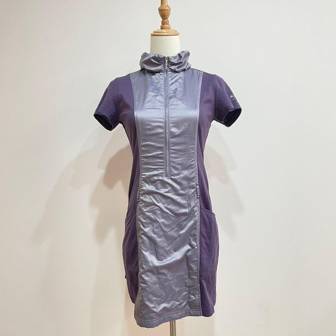COUP DE CHANCEゴルフハーフジップ 半袖ワンピース紫38 切り替え