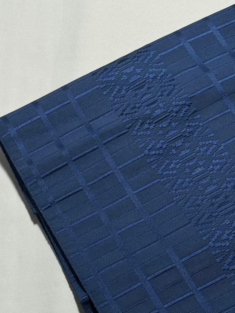 [美品] 本場筑前博多織　名古屋帯　正絹　市松　献上　博多帯　紺　青　小紋　紬