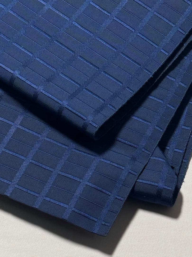 [美品] 本場筑前博多織　名古屋帯　正絹　市松　献上　博多帯　紺　青　小紋　紬