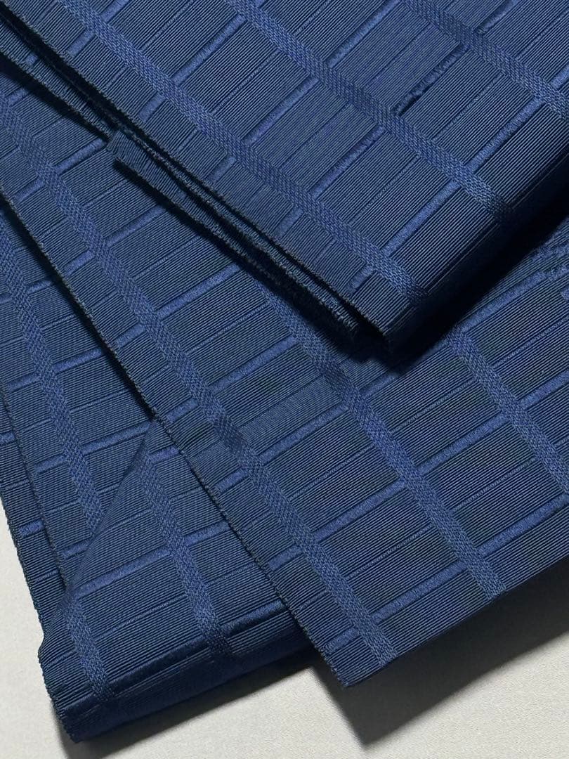 [美品] 本場筑前博多織　名古屋帯　正絹　市松　献上　博多帯　紺　青　小紋　紬