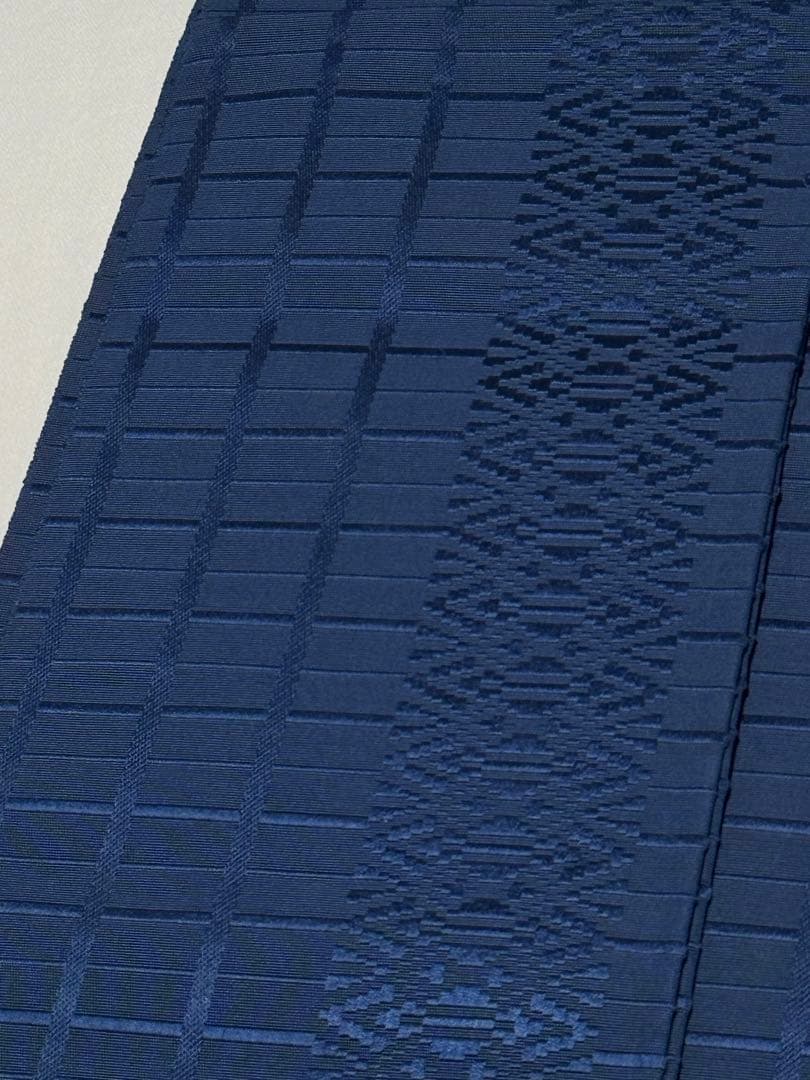 [美品] 本場筑前博多織　名古屋帯　正絹　市松　献上　博多帯　紺　青　小紋　紬