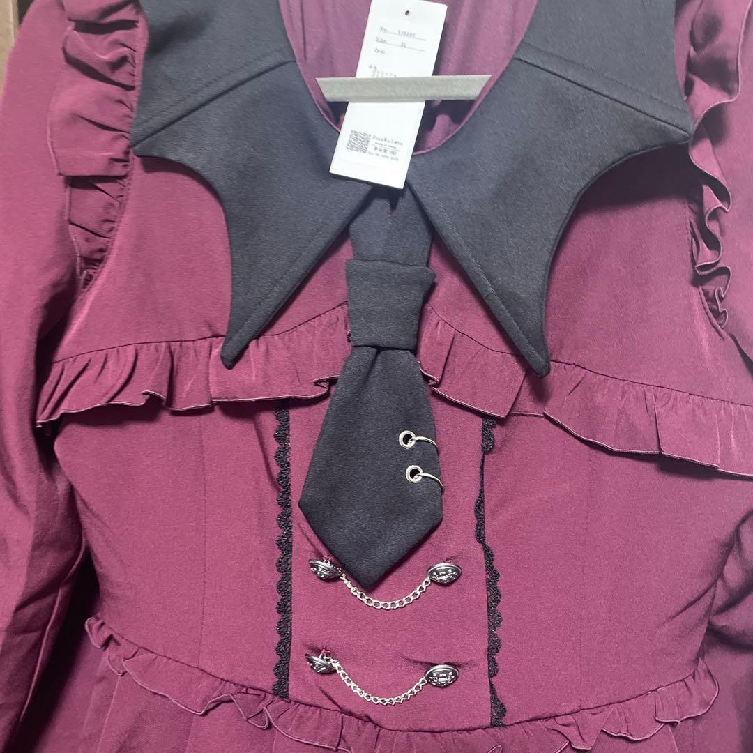 夢展望 コウモリ襟チェーンボタンフリルプリーツワンピース DearMyLove