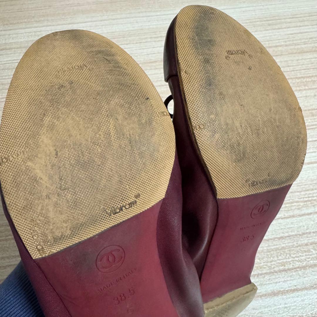 CHANEL バーガンディ バレエシューズ ココマーク フラット38.5