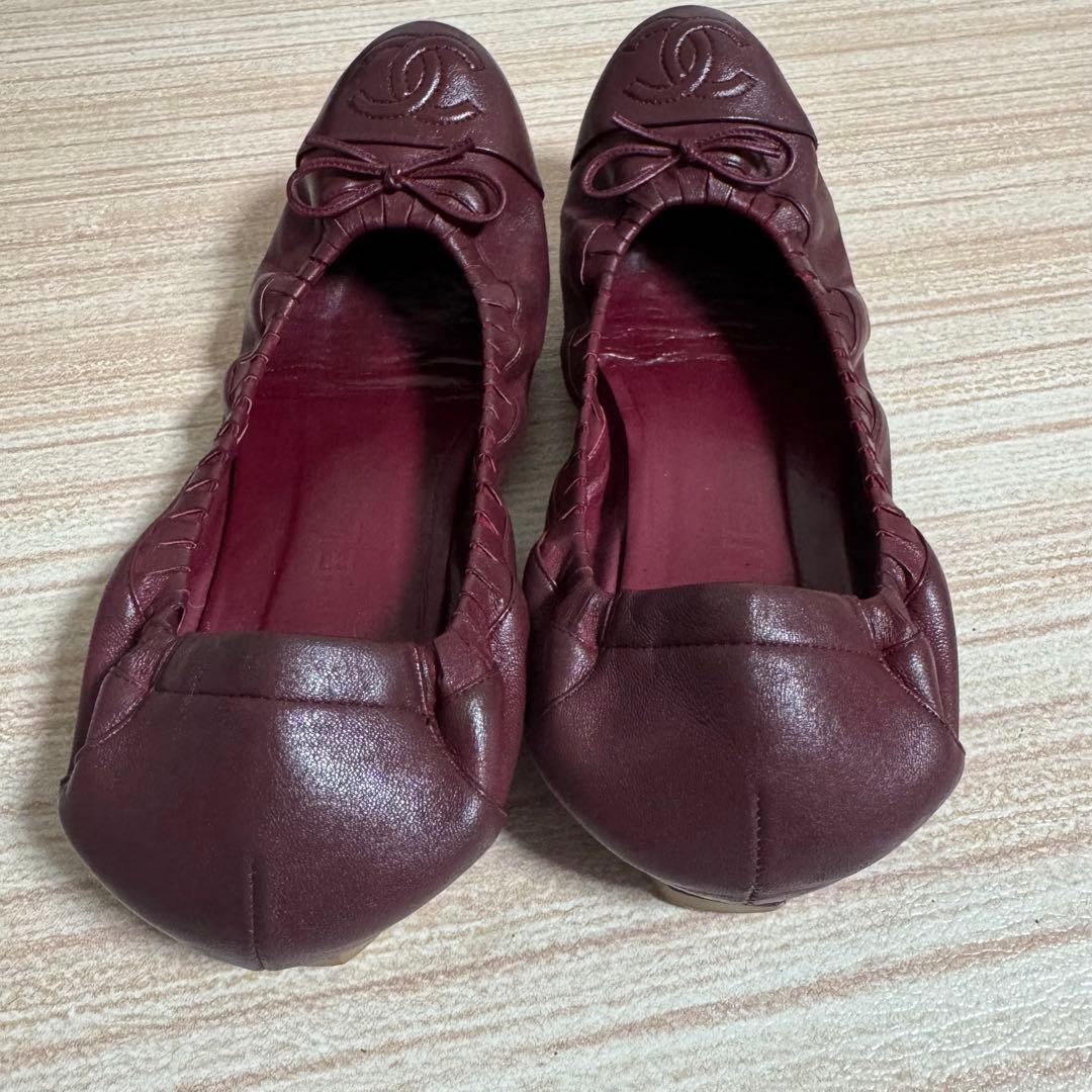 CHANEL バーガンディ バレエシューズ ココマーク フラット38.5