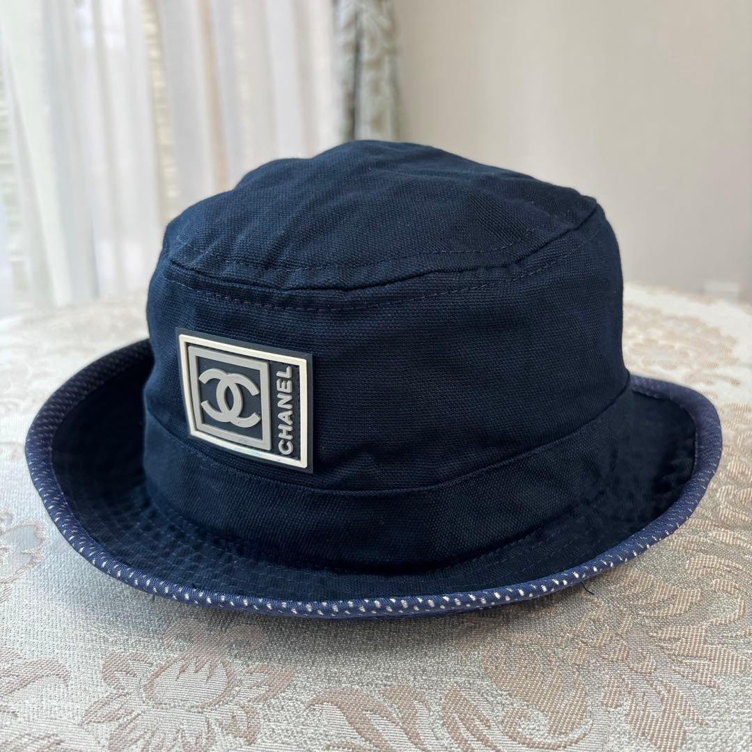 CHANEL❤️バケットハット❤️スポーツライン❤️帽子　コットン　ネイビー　Lサイズ