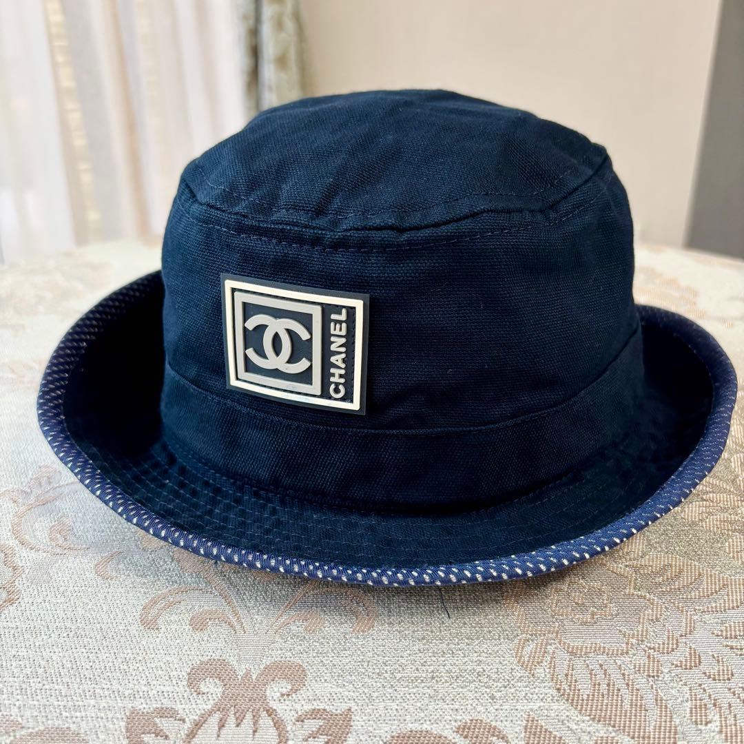 CHANEL❤️バケットハット❤️スポーツライン❤️帽子　コットン　ネイビー　Lサイズ