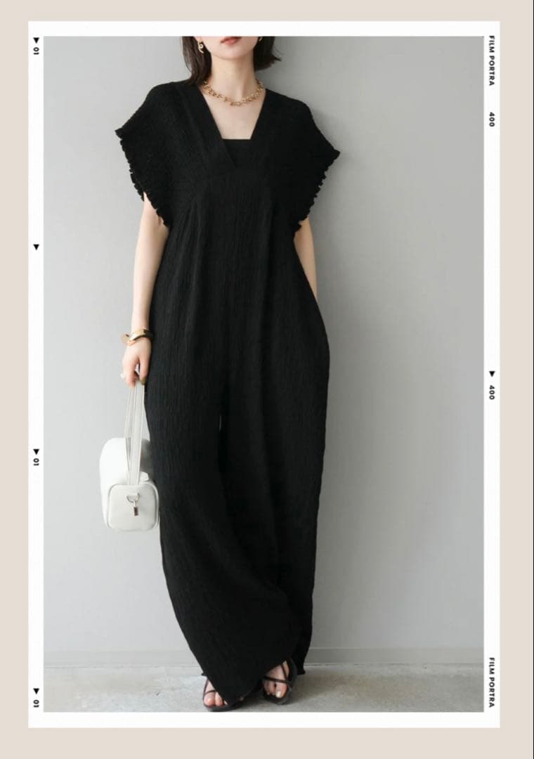 人気　楊柳シャーリング　サロペット　黒　茶　M2枚