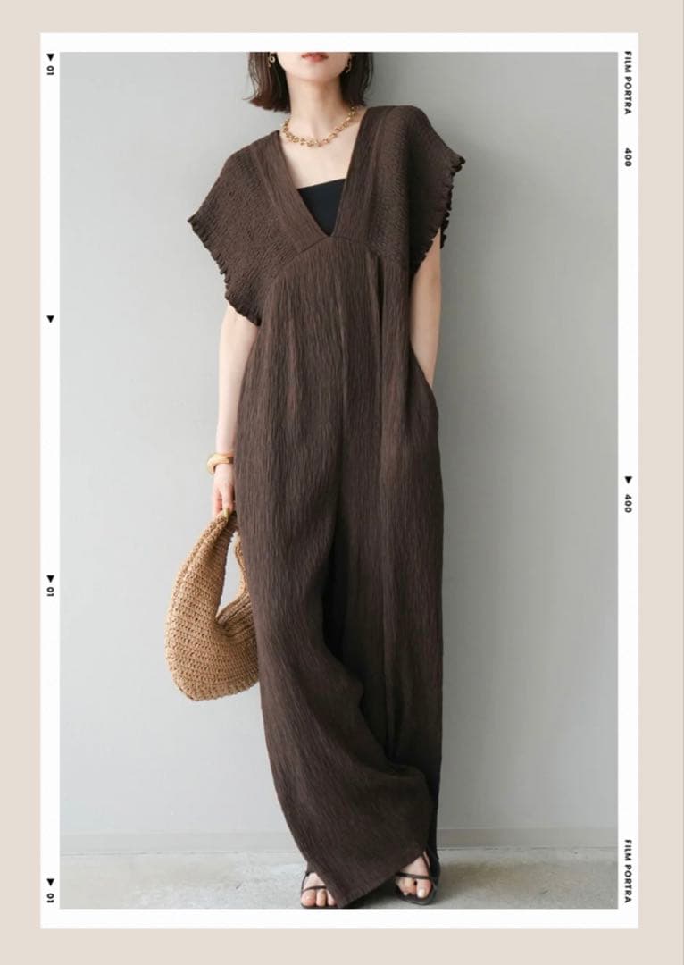 人気　楊柳シャーリング　サロペット　黒　茶　M2枚